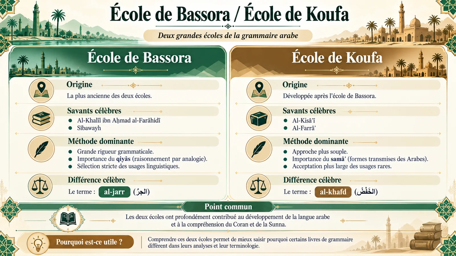 Infographie comparant l'école de Bassora et l'école de Koufa : origine, savants célèbres, méthode dominante (qiyas ou sama') et la différence al-jarr / al-khafd